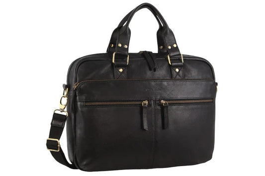 Pierre Cardin Multi-Compartment Leather Computer Bag - Black