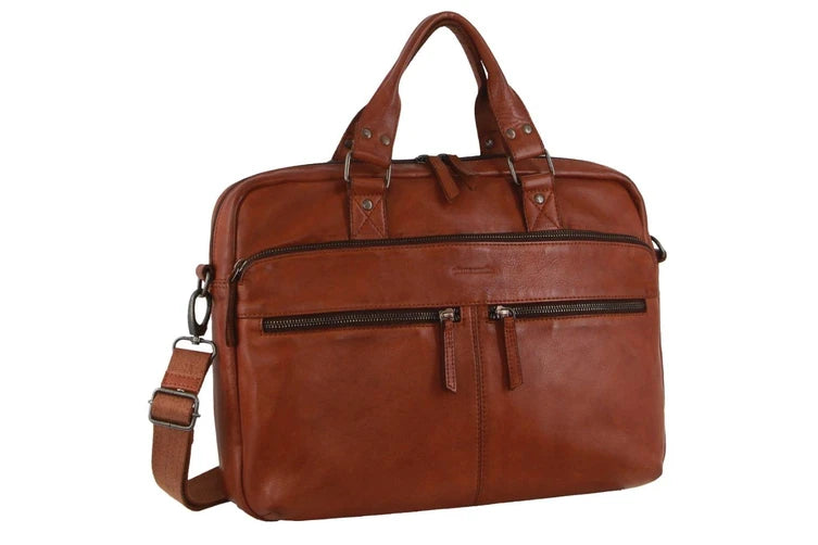 Pierre Cardin Multi-Compartment Leather Computer Bag - Cognac