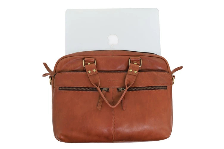 Pierre Cardin Multi-Compartment Leather Computer Bag - Cognac