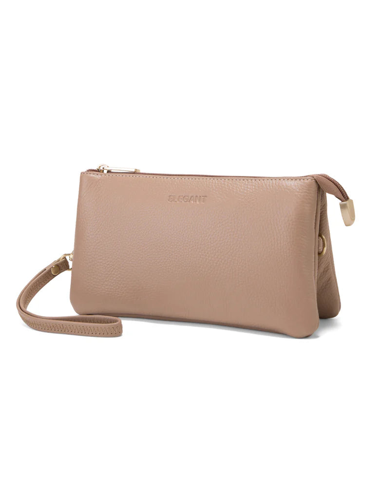 Elegant Handbag Candice Leather Wallet with Shoulder Strap - Maccaroon