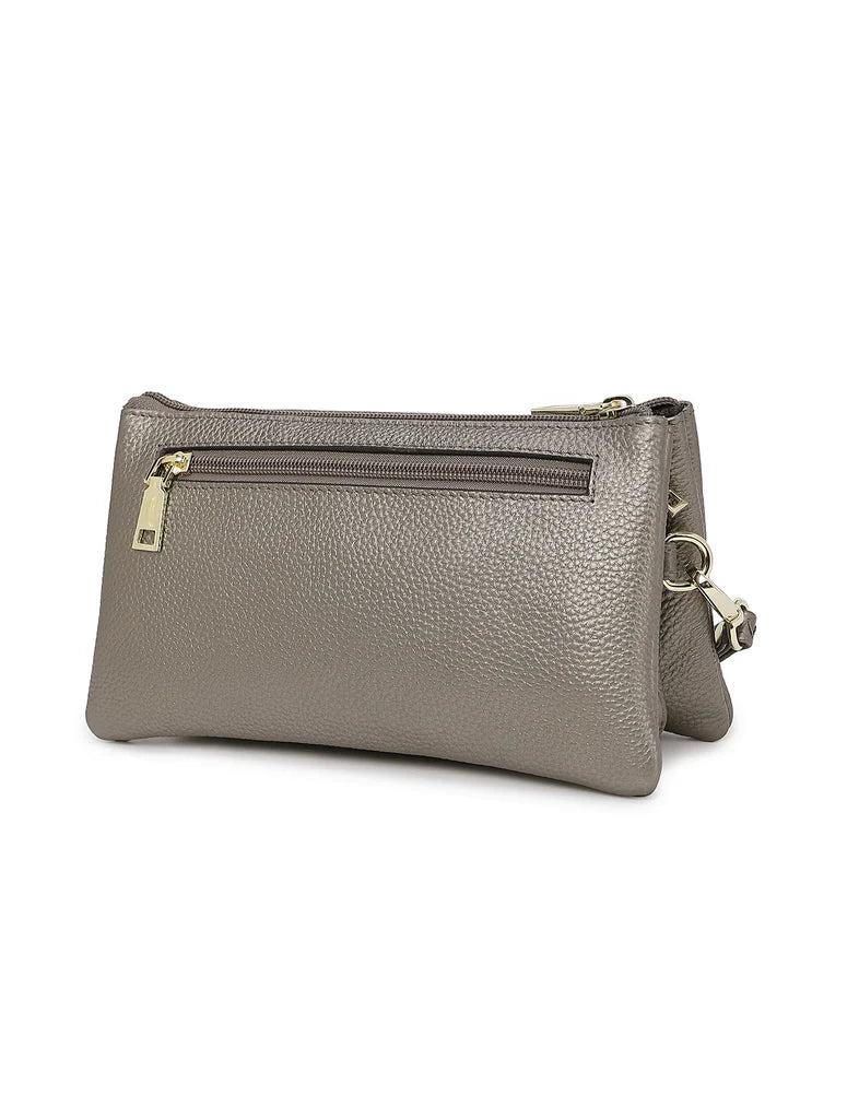 Elegant Handbag Candice Leather Wallet with Shoulder Strap - Pewter