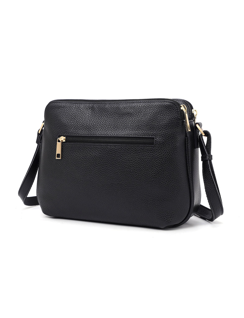 Elegant Handbag Brooke Triple Compartment Leather Crossbody - Black