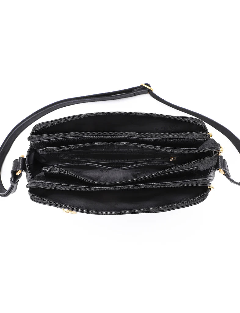 Elegant Handbag Brooke Triple Compartment Leather Crossbody - Black