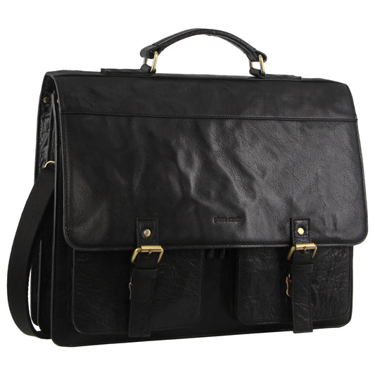 Pierre Cardin Men's Rustic Leather Business Bag with Flip-Cover - Black